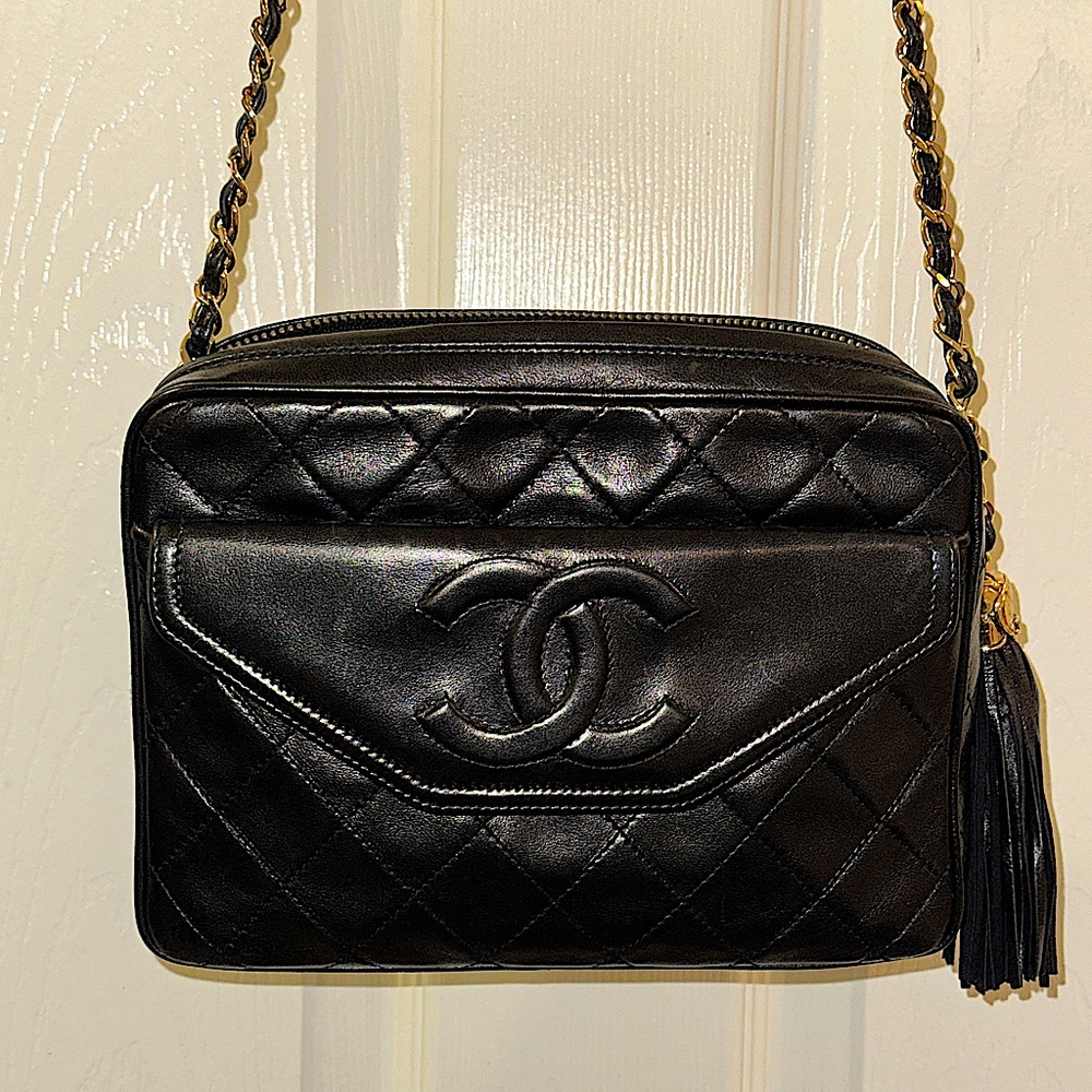 Chanel Black Matelasse Envelope Pocket Quilted CC Camera Bag